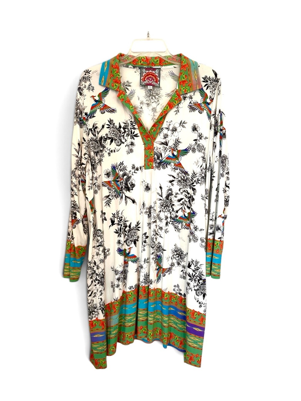 Johnny Was Floral & Crane Print Long Sleeve Rayon Dress